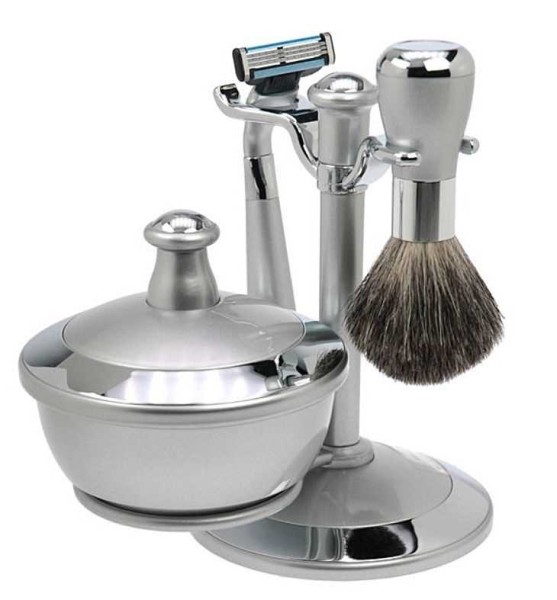 Aurawerk Silver Shaver Rasier-Set mit Schale. silber, Rasierer für Mach 3 Klinge, Pinsel Rein Dachs