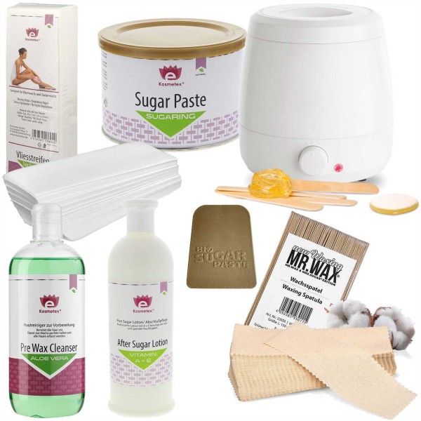Zuckerpaste Set Erwärmer - Soft mit Pre Cleanser, After Sugar Lotion, Puder, Baumwollstreifen und Sp