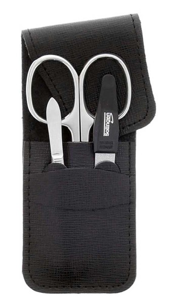 Maniküre Set, 3 tlg. Nagel-Schere, Feile, Pinzette im Taschenetui innen Leder, schwarz mit Schlaufe.