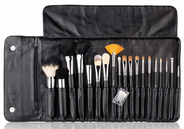 Professionelle Pinseltasche mit 19 Pinseln, mit weichem Nappaleder, schwarz