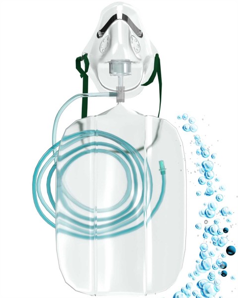 Sauerstoffmaske mit Reservoirbeutel, Schlauch, Gummizug und Nasenbügel, Mapeau O2 Maske